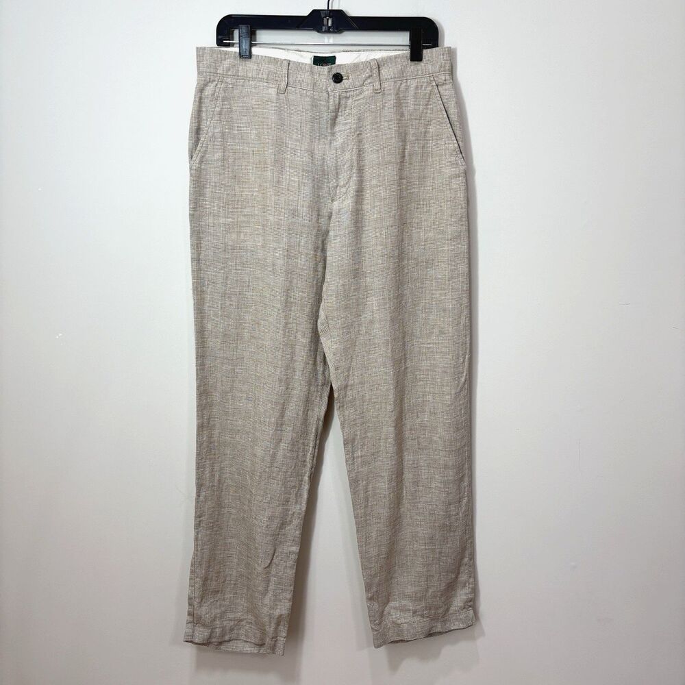 J Crew Oarsman 100% Linen Plaid Pants Beige 31x30 Trousers Preppy Quiet Luxury